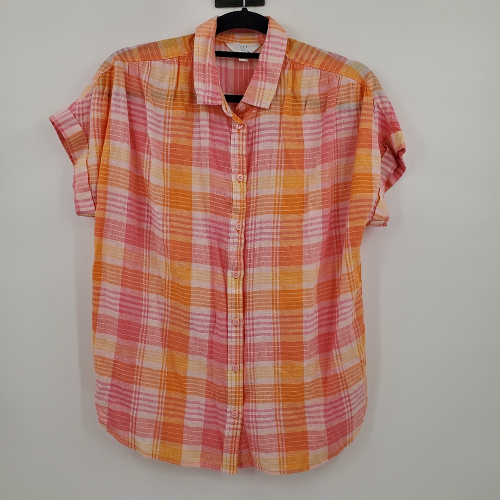 ◇◇ Time & Tru Madras Plaid Short-sleeved Button Up Shirt Size Small Pink Orange
